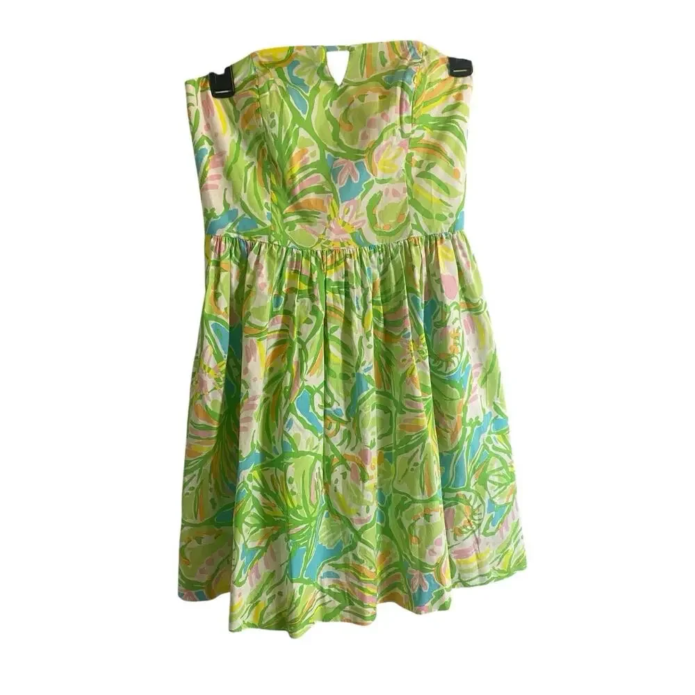 Lilly Pulitzer Size 0 Richelle Strapless Tie Back Dress Elephant Ear Green Pink - Picture 4 of 14